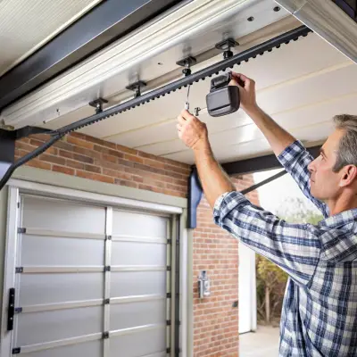 Technician Installing Garage Door Opener Adjusting Motor Mechanism with Remote Control.