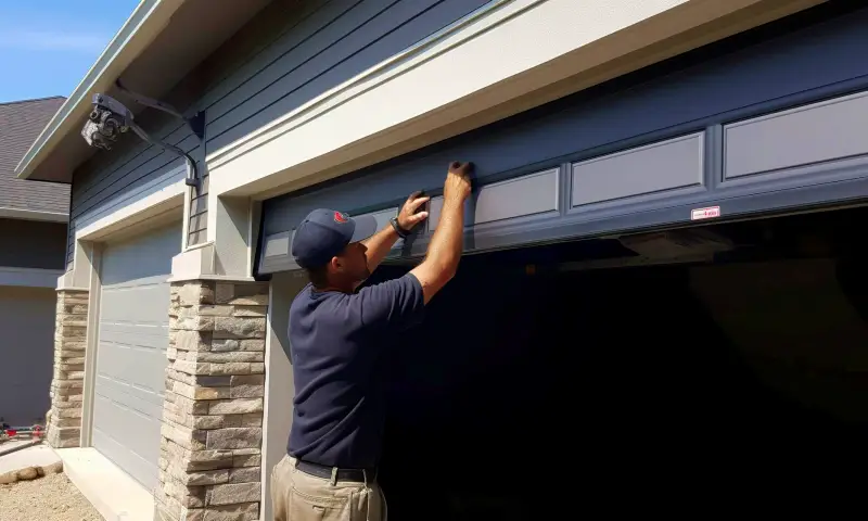 A man in a cap expertly handles garage door spring replacement outside a house with stone and siding exterior in Metro Denver.