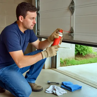 A homeowner performing garage door maintenance.