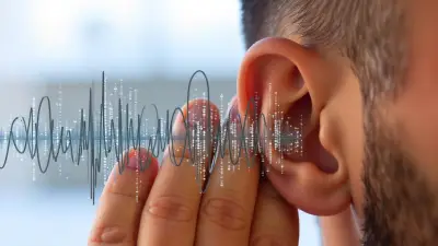 An image showing a person listening with sound wave visualization, representing unusual garage door noises.