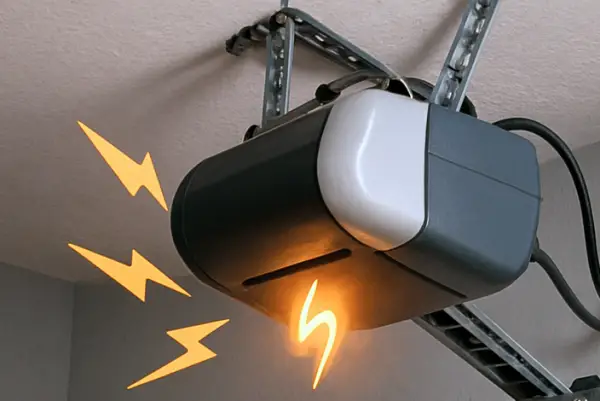 A malfunctioning garage door opener with fake lightning bolts coming out of it.