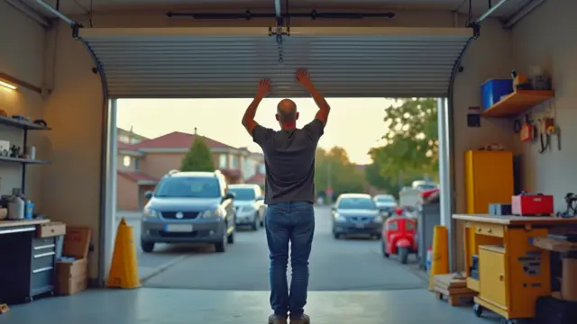A person attempting to stabilize a garage door experiencing excessive vibration.