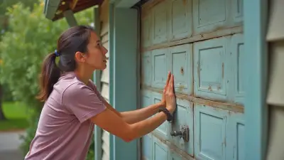 'Woman struggling to manually open a stuck garage door' - A person applying extra force to open a resistant garage door.
