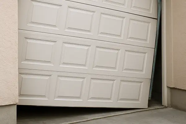 A garage door which is off of its tracks.