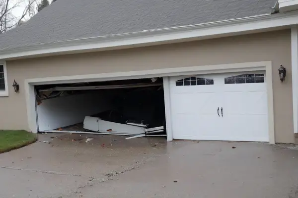 One garage door has collapsed onto the ground.