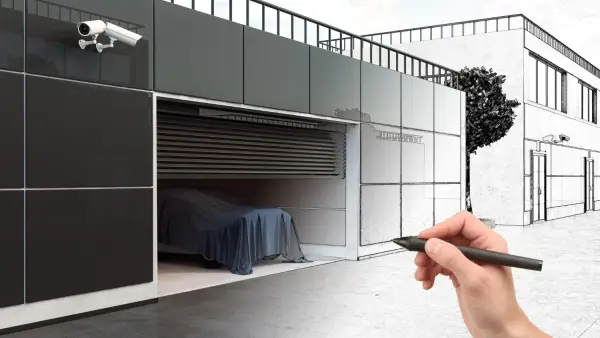 A hand holding a pen draws the outline of a modern building with a garage door partly open, showing a covered car inside; part of the scene is realistic and part is sketched.