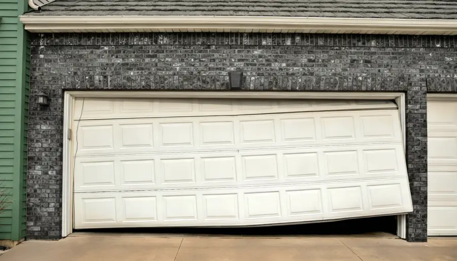 A broken garage door is severely bent and misaligned, partially hanging off its tracks on a dark brick house, causing the homeowner to ask why did my garage door spring break.