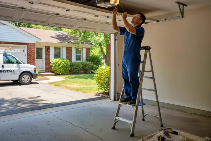 A garage door which is off of its tracks.