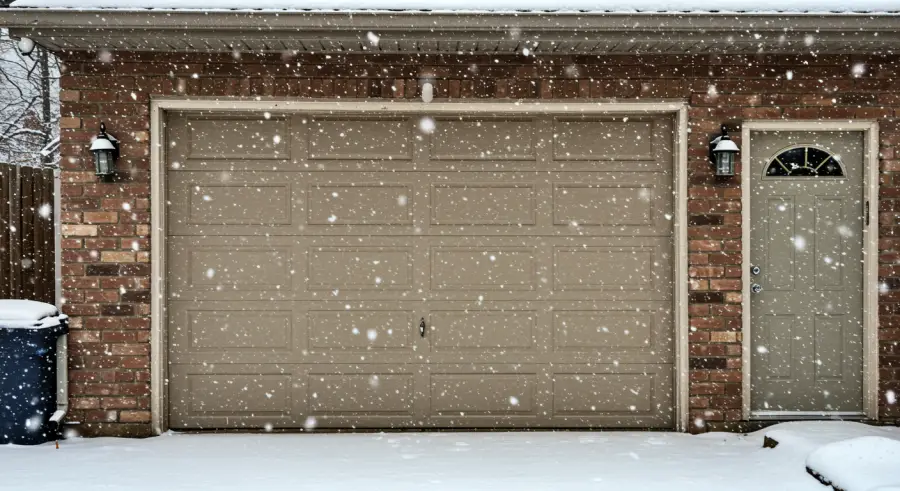 A brick garage with a closed tan garage door and side entrance door, both dusted with snow. Snow is falling heavily, blanketing the ground and roof—a perfect setting to spot signs of a broken garage door or need for garage door repair.