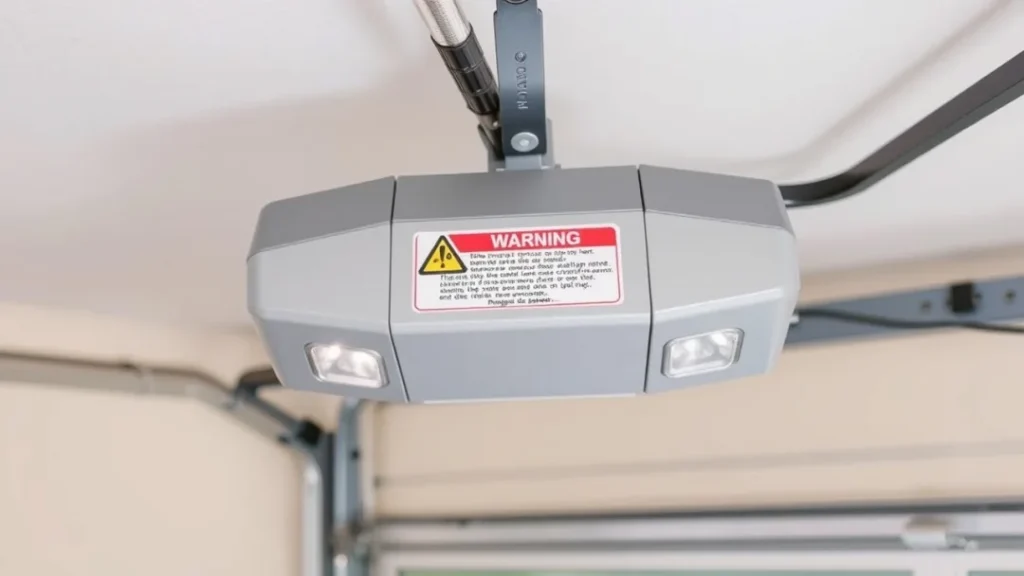 A close-up of a gray garage door opener mounted on the ceiling, featuring a warning label and two built-in LED lights, with metal support arms and cables visible in the background.