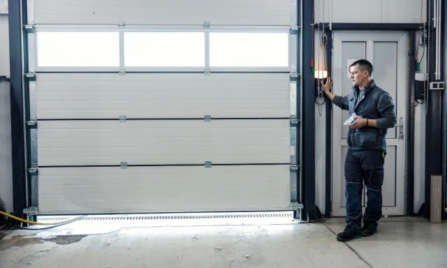 A garage door which is off of its tracks.