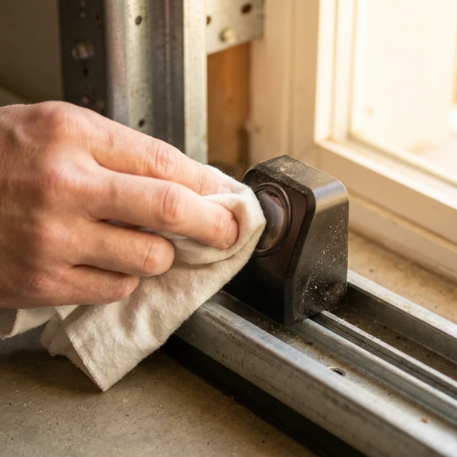 A person uses a white cloth to clean a dusty roller or track on a garage door mechanism near a window.