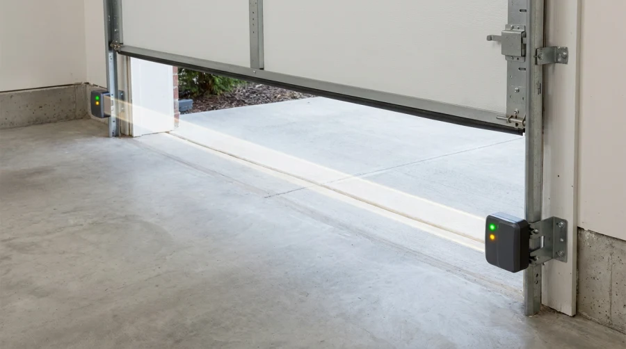 A garage door is partially open, with safety sensors on each side of the entrance emitting a visible beam of light across the floor. The concrete garage floor and driveway are visible.