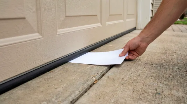 A hand slides a piece of white paper under a closed garage door to check the gap between the door and the concrete driveway.