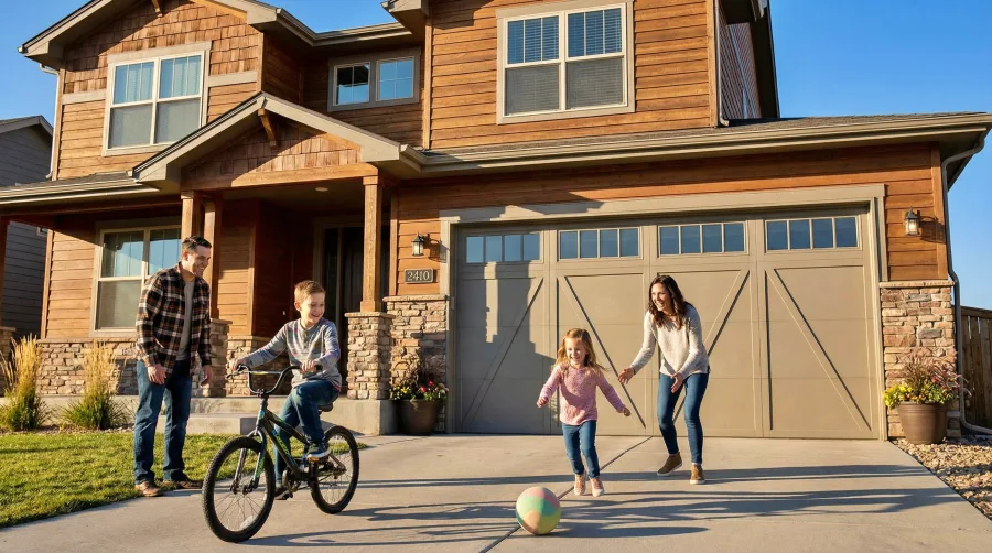 A family of four plays together in the driveway of a modern two-story house. The boy rides a bicycle, the girl chases a ball, and two adults watch and smile under a sunny sky.