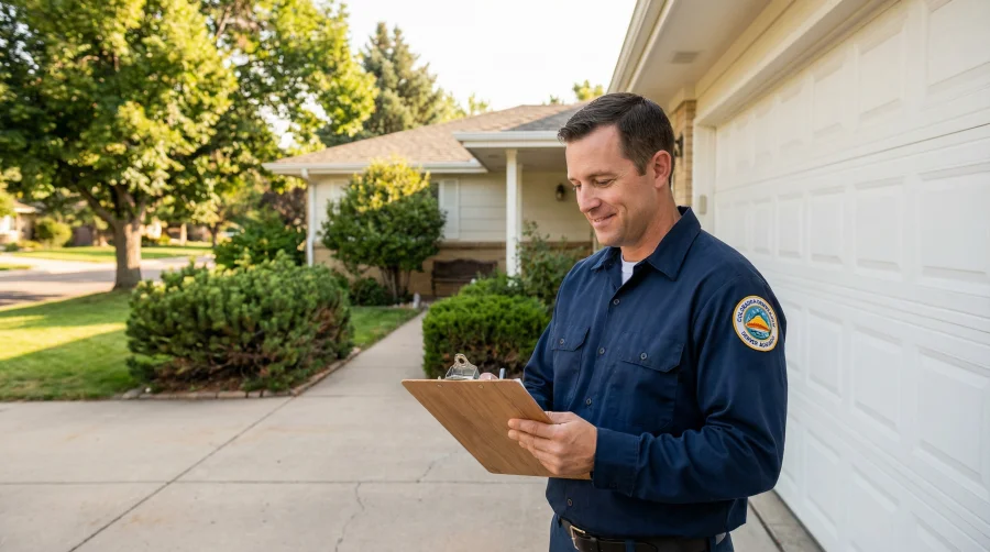 A man in a navy uniform stands in a driveway outside a house, smiling as he writes on a clipboard. Trees and bushes are visible in the background on a sunny day.