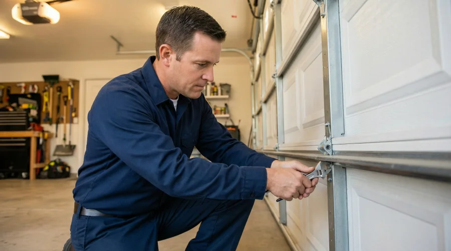 A man in a blue uniform kneels in a garage while using a wrench to adjust the metal track of a white garage door. Tools and equipment are visible in the background.