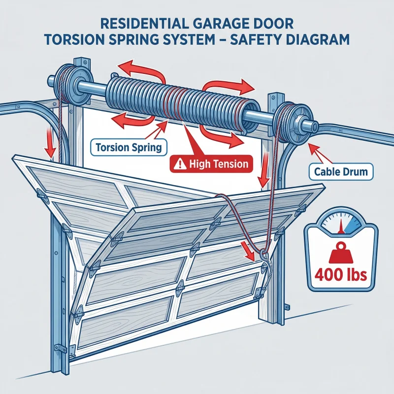A labeled diagram of a residential garage door torsion spring system, showing high-tension torsion springs, cable drum, cables, and a warning about garage door spring dangers—these parts are under 400 lbs of tension. DIY garage door spring repair is not recommended.