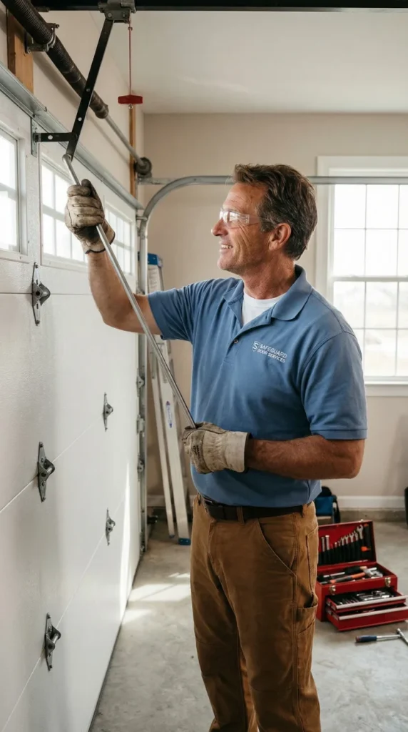 A man wearing safety glasses and gloves uses a tool for a DIY garage door spring repair. He is smiling in a blue polo shirt and brown pants, with a toolbox and tools visible on the floor nearby.
