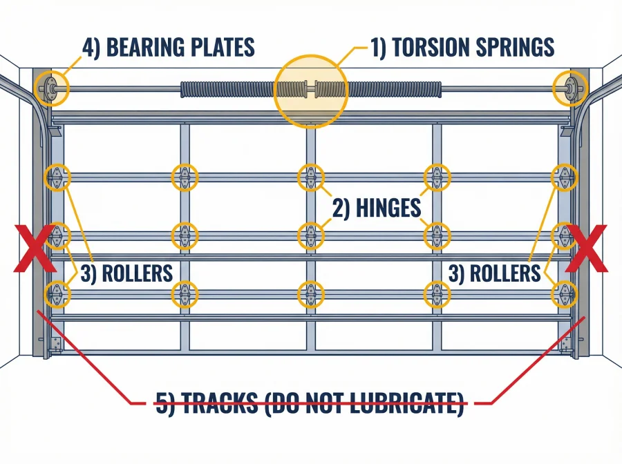 Diagram of a garage door highlighting torsion springs, hinges, rollers, bearing plates, and tracks (note: don’t lubricate tracks). Red X marks appear on either end of the bottom track—essential for safe garage door maintenance.