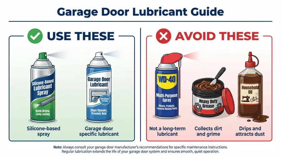 Infographic showing recommended garage door lubricants (silicone-based spray, garage door lubricant) and ones to avoid (WD-40, heavy duty grease, household oil) with illustrations of each product.