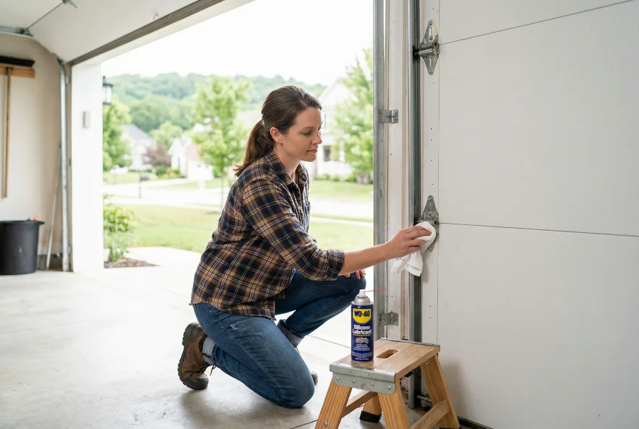 A woman kneels on a wooden step stool in a garage, cleaning the hinge of a white garage door with a cloth. A can of WD-40 sits on the floor beside her. Trees and houses are visible outside.