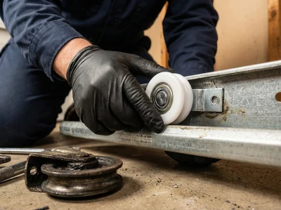 A professional garage door technician on an installation job.